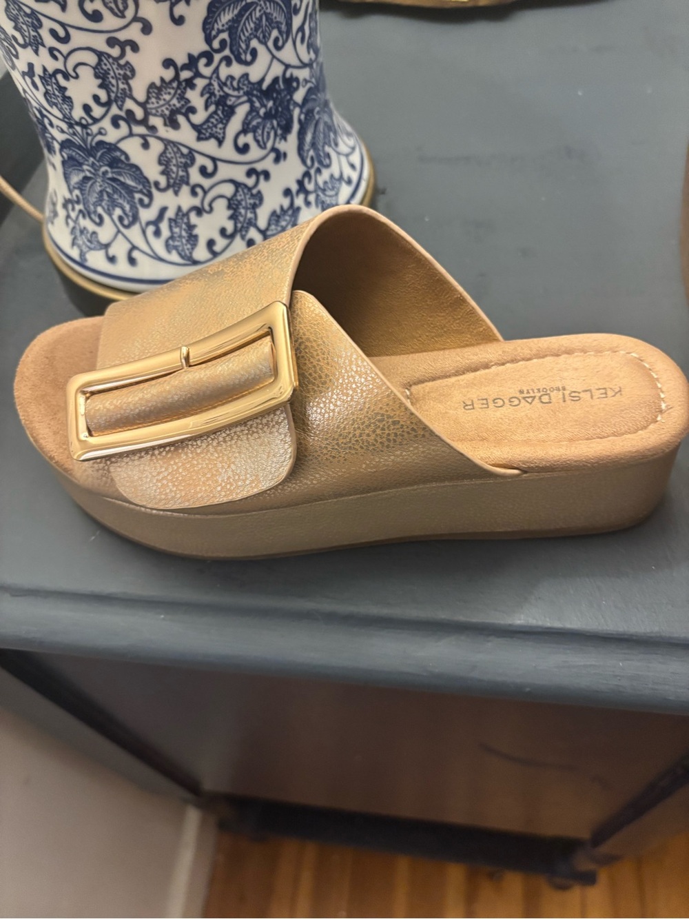 Kelsi Dagger Gold Slide Sandals with Buckle - Picture 2 of 5